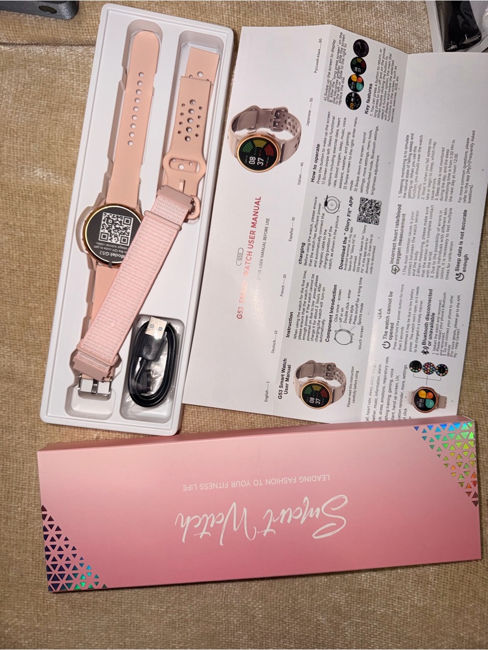 G53 Pink Smart Watch with 3 Interchangeable Bands - Fashion Fitness Tracker